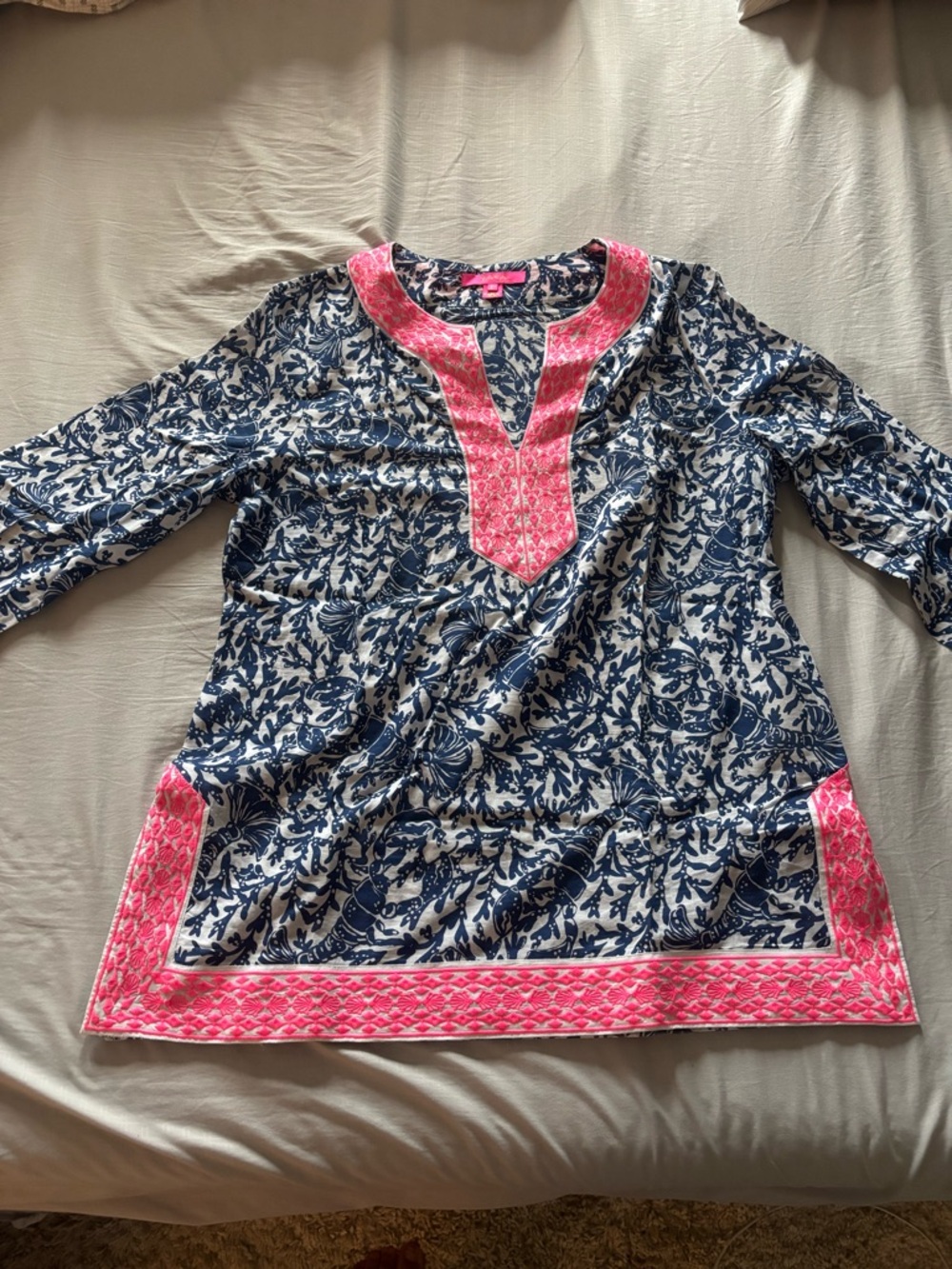 Lilly Pulitzer Navy and White Floral Tunic dress with Pink Embroidery